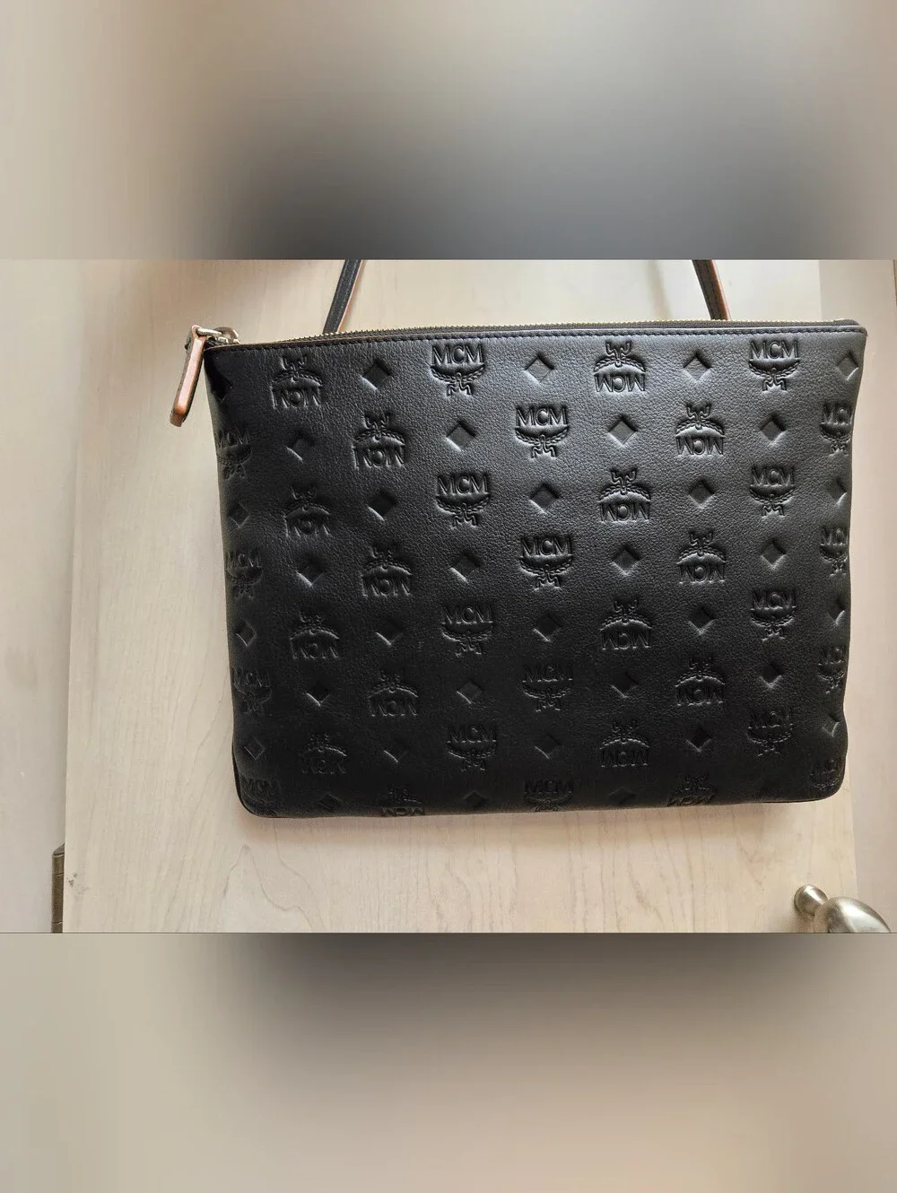 MCM Black Leather Embossed Crossbody with Tan Strap